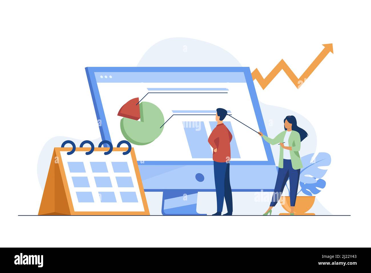 Young tiny analysts preparing monthly report. Calendar, chart, arrow flat vector illustration. Statistics and digital technology concept for banner, w Stock Vector