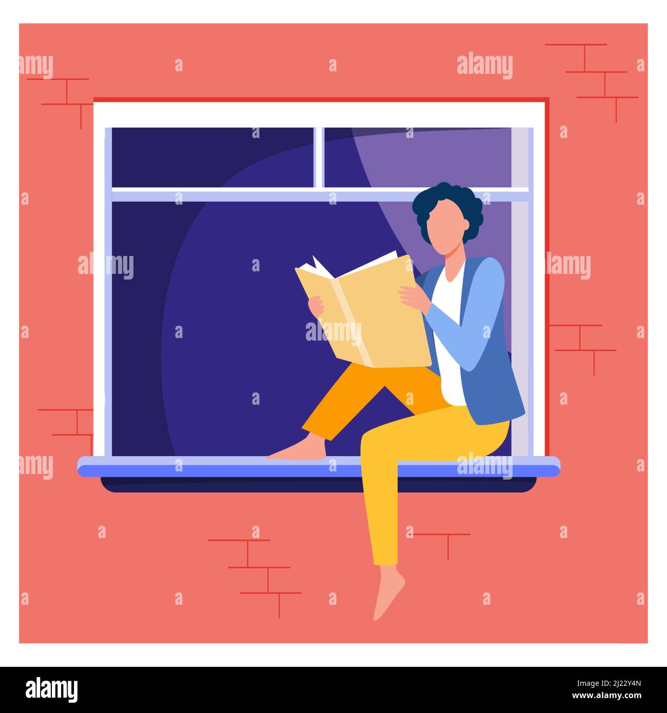 Young woman reading book on windowsill. Girl enjoying novel, student doing home task flat vector illustration. Knowledge, literature, reader concept f Stock Vector