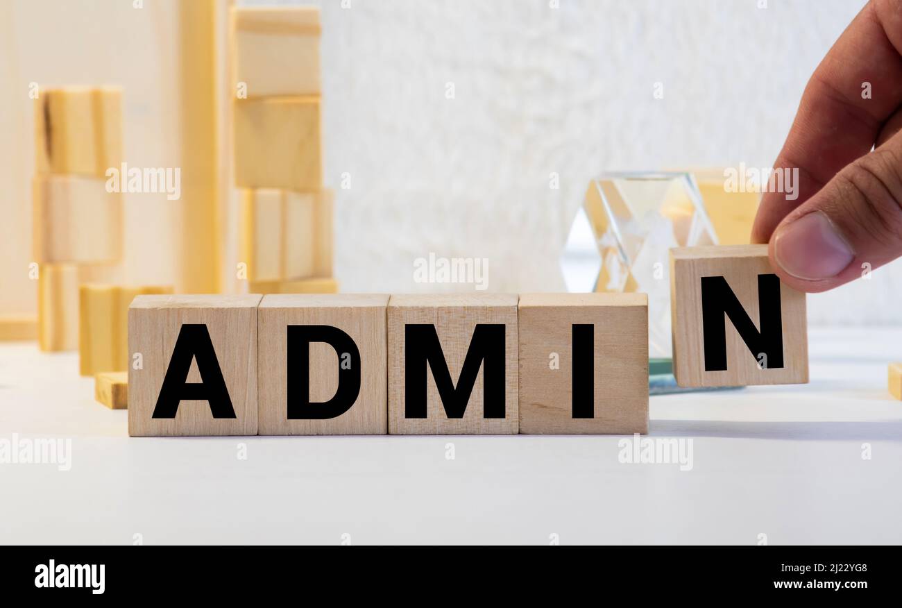 ADMIN word made with building blocks isolated on white. Stock Photo