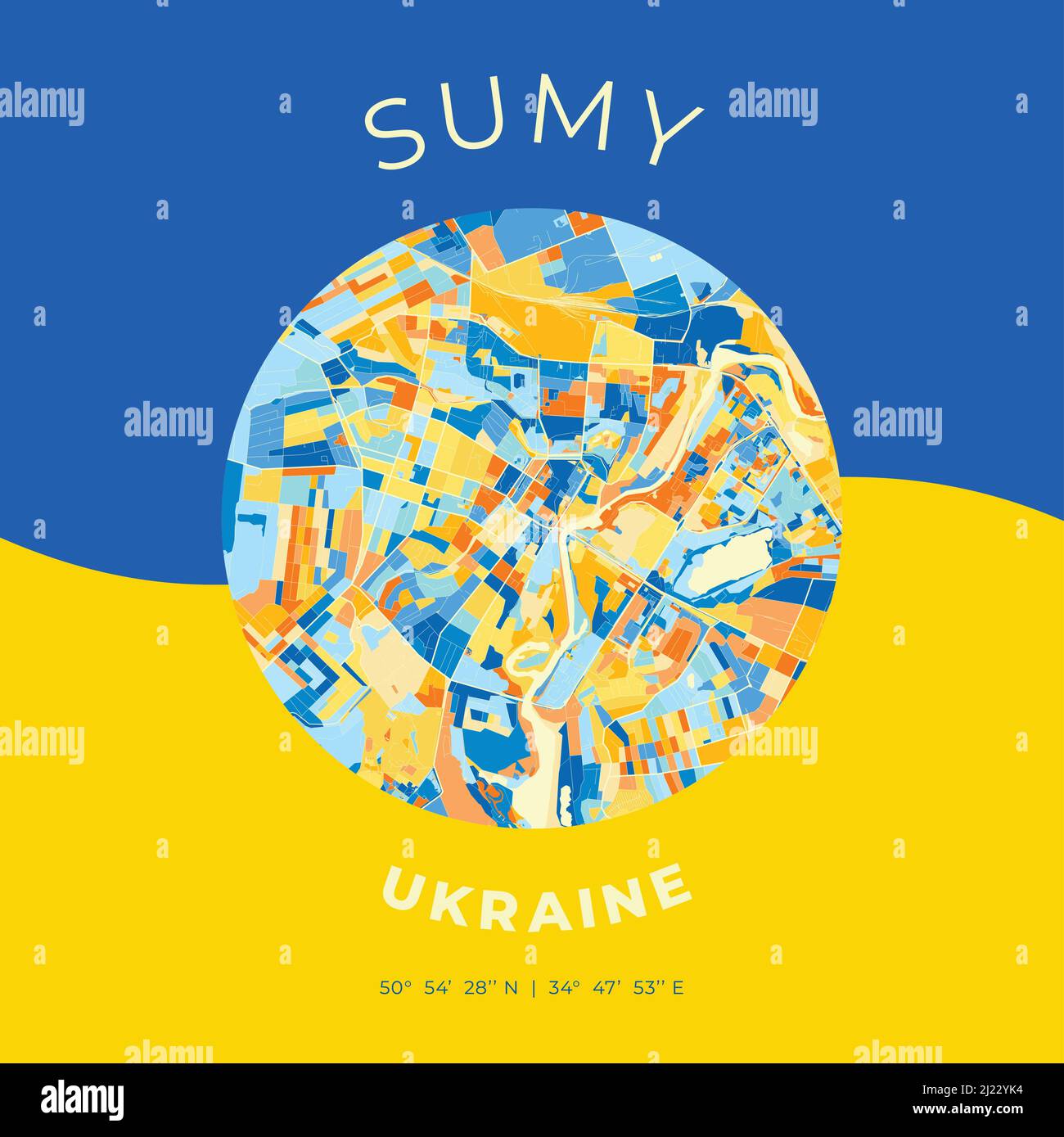 Vector map print template of Sumy, Sumy Oblast, Ukraine with bright blue, green and yellow colors. The various shades follow a radom principle. Art ma Stock Vector