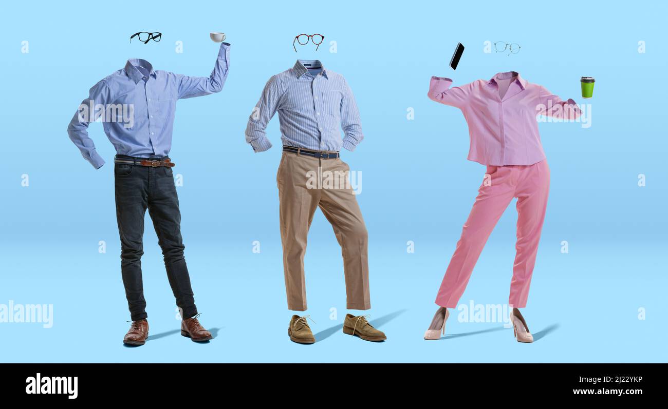 Three stylish invisible persons wearing modern business style outfits