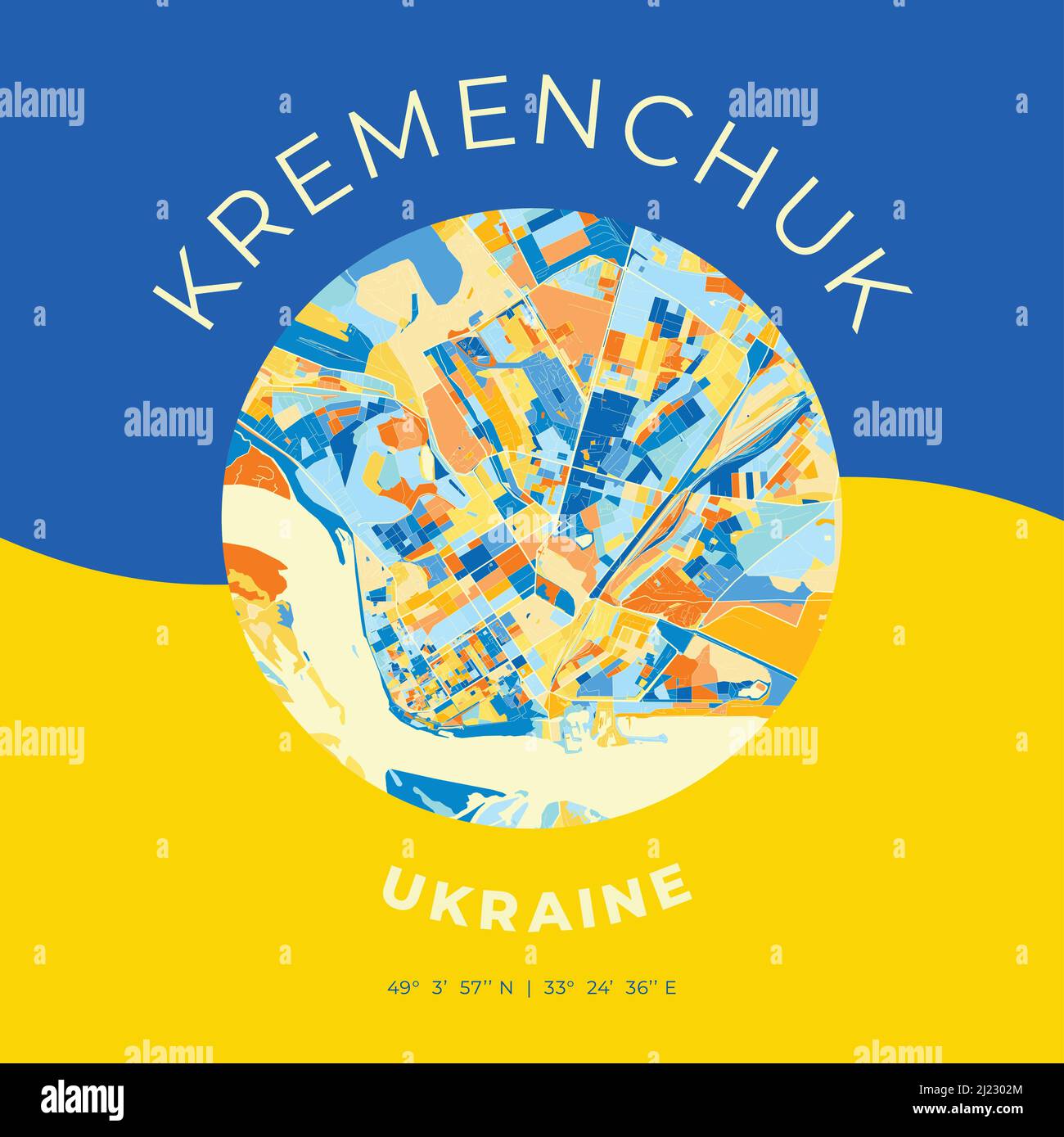 Vector map print template of Kremenchuk, Poltava Oblast, Ukraine with bright blue, green and yellow colors. The various shades follow a radom principl Stock Vector