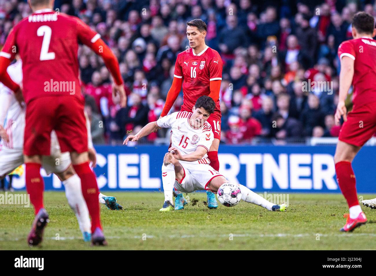 Copenhagen, Denmark. 29th Mar, 2022. Christian Norgaard (15) of Denmark and Sasa Lukic (16) of Serbia seen during the football friendly between Denmark and Serbia at Parken in Copenhagen. (Photo Credit: Gonzales Photo/Alamy Live News Stock Photo
