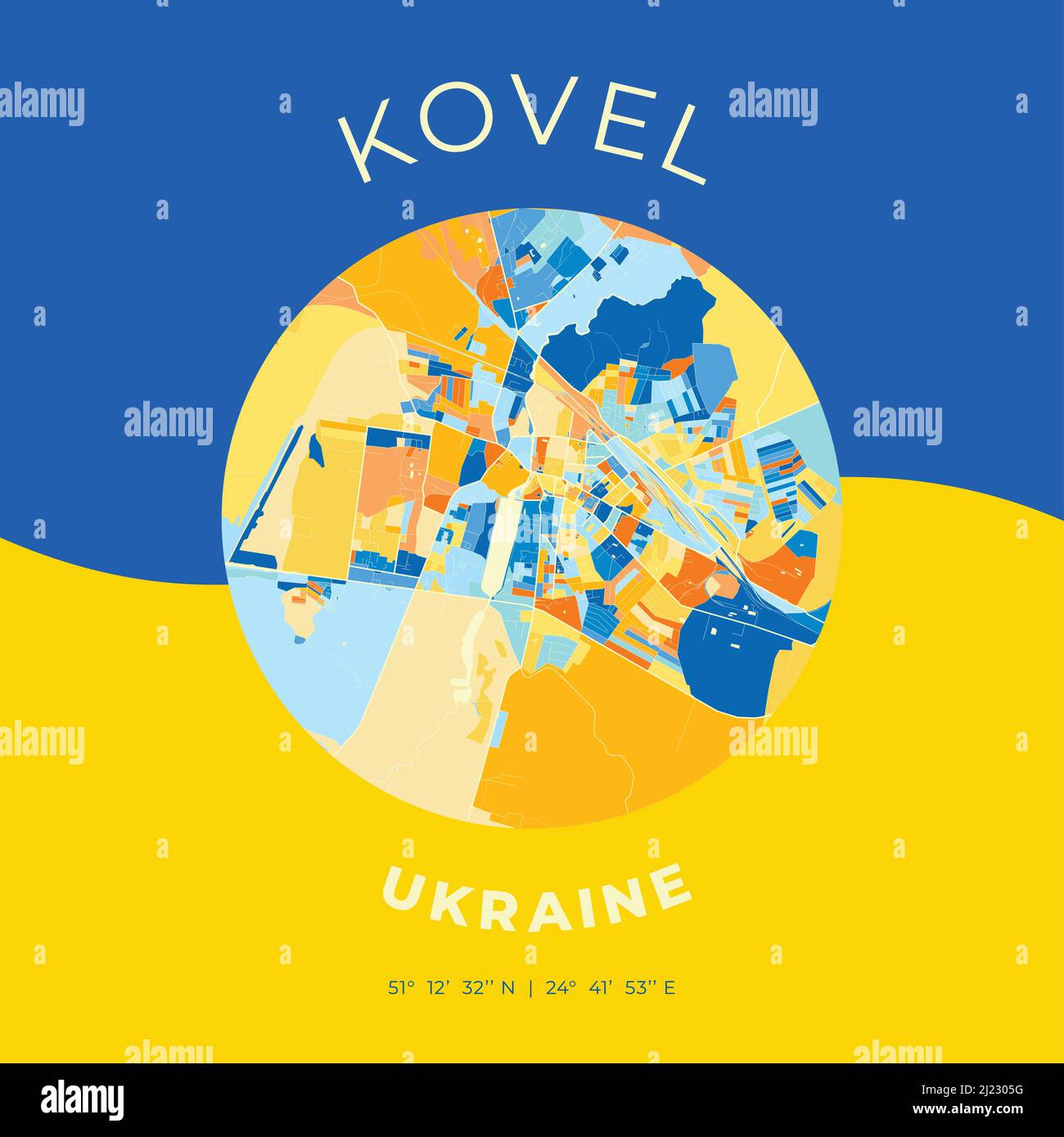Vector map print template of Kovel, Volyn Oblast, Ukraine with bright blue, green and yellow colors. The various shades follow a radom principle. Art Stock Vector