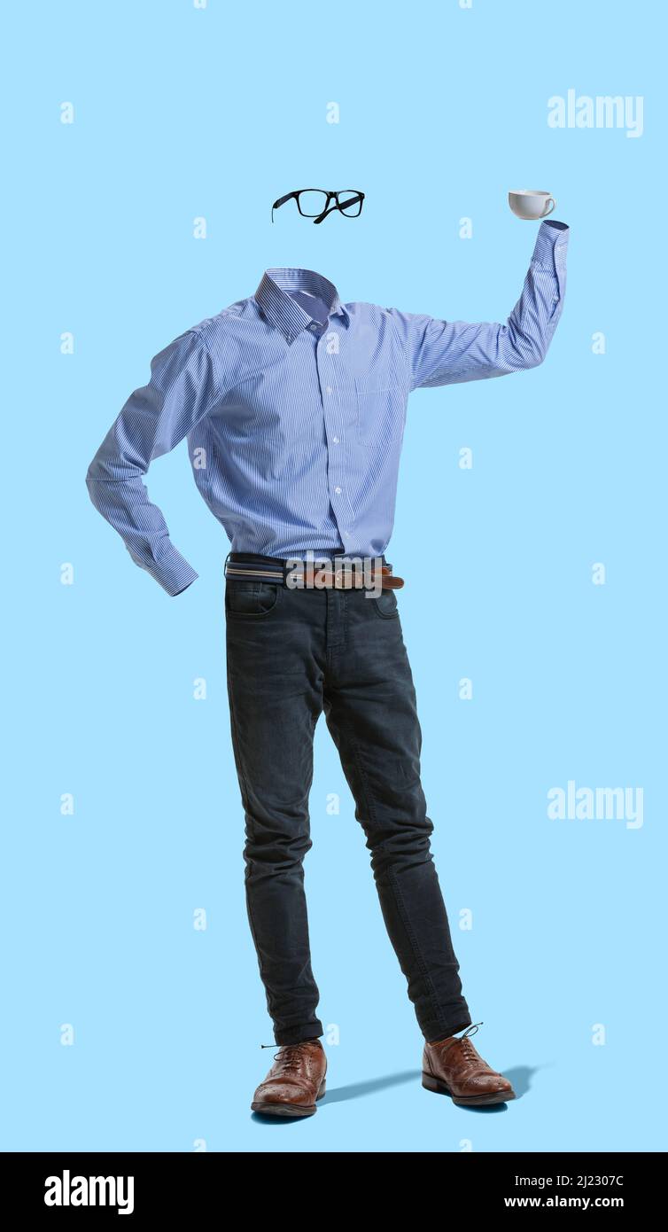 Portrait of invisible man wearing modern business style outfit holding cup  against blue background. Concept of fashion, creativity Stock Photo - Alamy