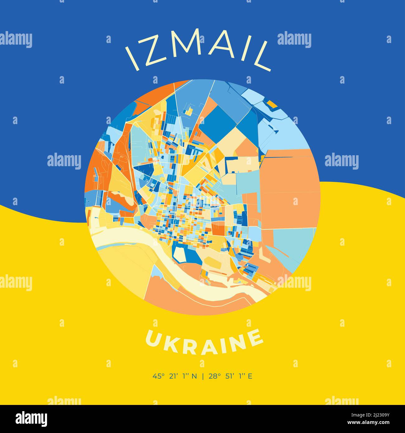 Vector map print template of Izmail, Odessa Oblast, Ukraine with bright blue, green and yellow colors. The various shades follow a radom principle. Ar Stock Vector