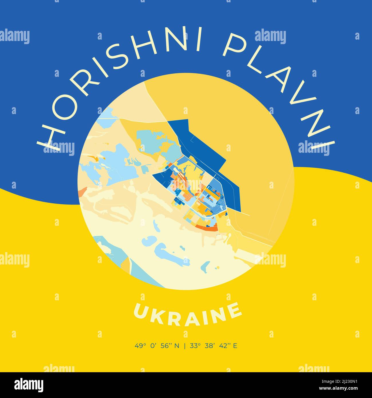 Vector map print template of Horishni Plavni, Poltava Oblast, Ukraine with bright blue, green and yellow colors. The various shades follow a radom pri Stock Vector
