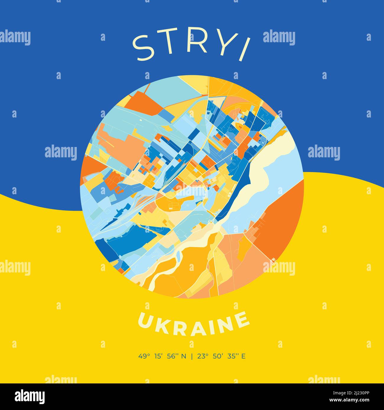 Vector map print template of Stryi, Lviv Oblast, Ukraine with bright blue, green and yellow colors. The various shades follow a radom principle. Art m Stock Vector