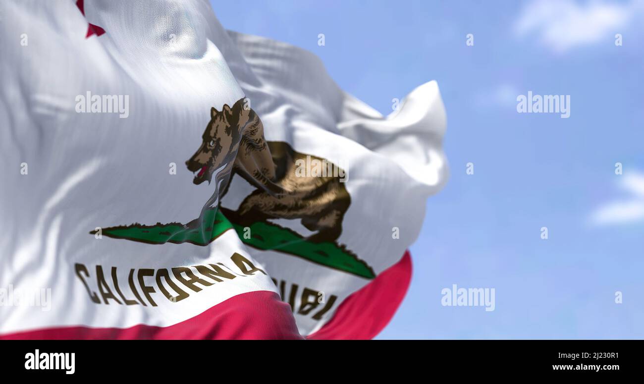 The California Republic flag with the grizzly bear Monarch waving in the wind. Patriotism and freedom. American state of California Stock Photo