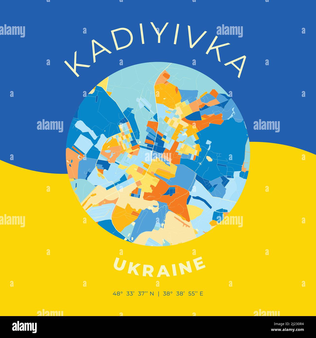 Vector map print template of Kadiyivka, Luhansk Oblast, Ukraine with bright blue, green and yellow colors. The various shades follow a radom principle Stock Vector
