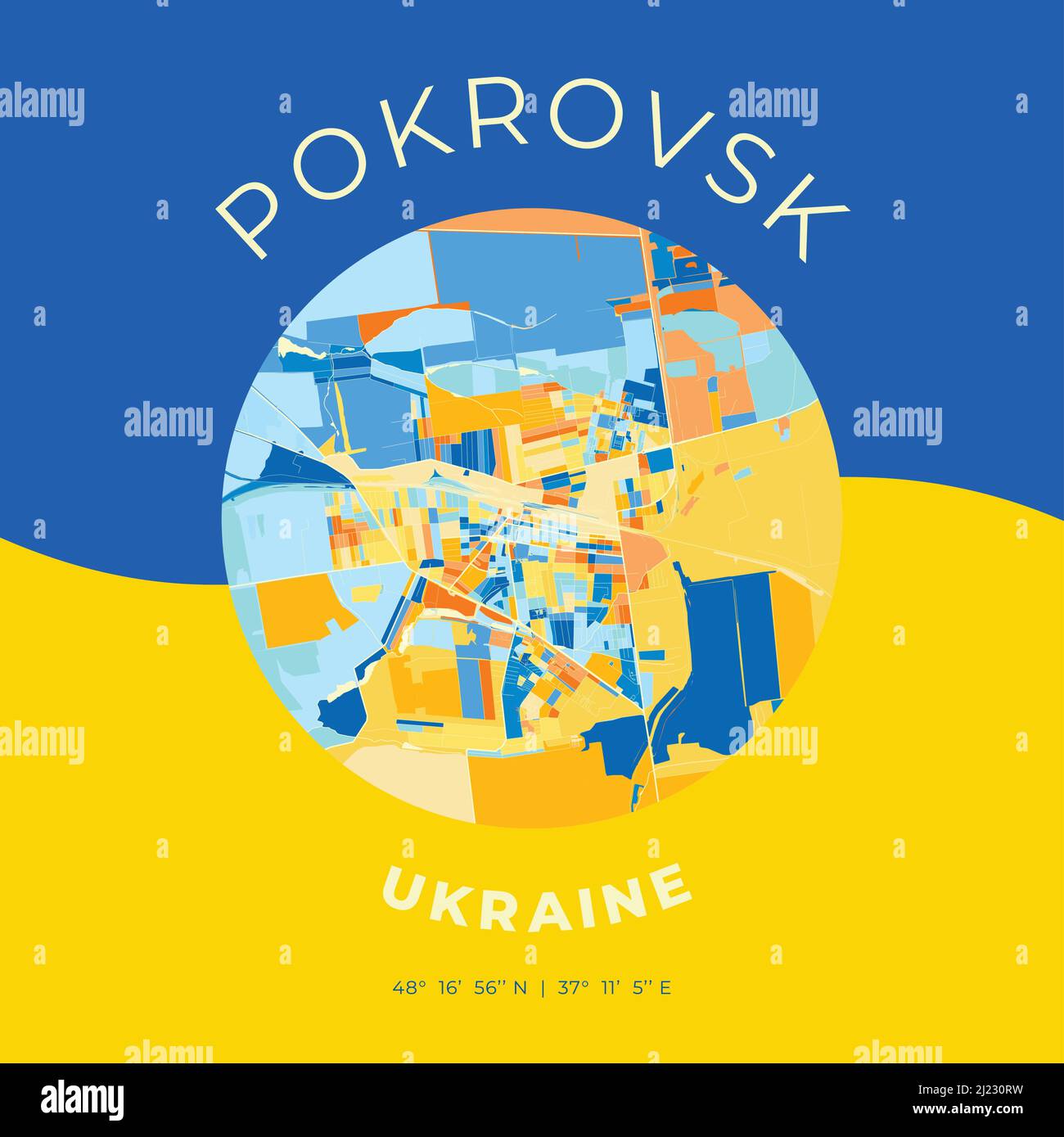 Vector map print template of Pokrovsk, Donetsk Oblast, Ukraine with bright blue, green and yellow colors. The various shades follow a radom principle. Stock Vector
