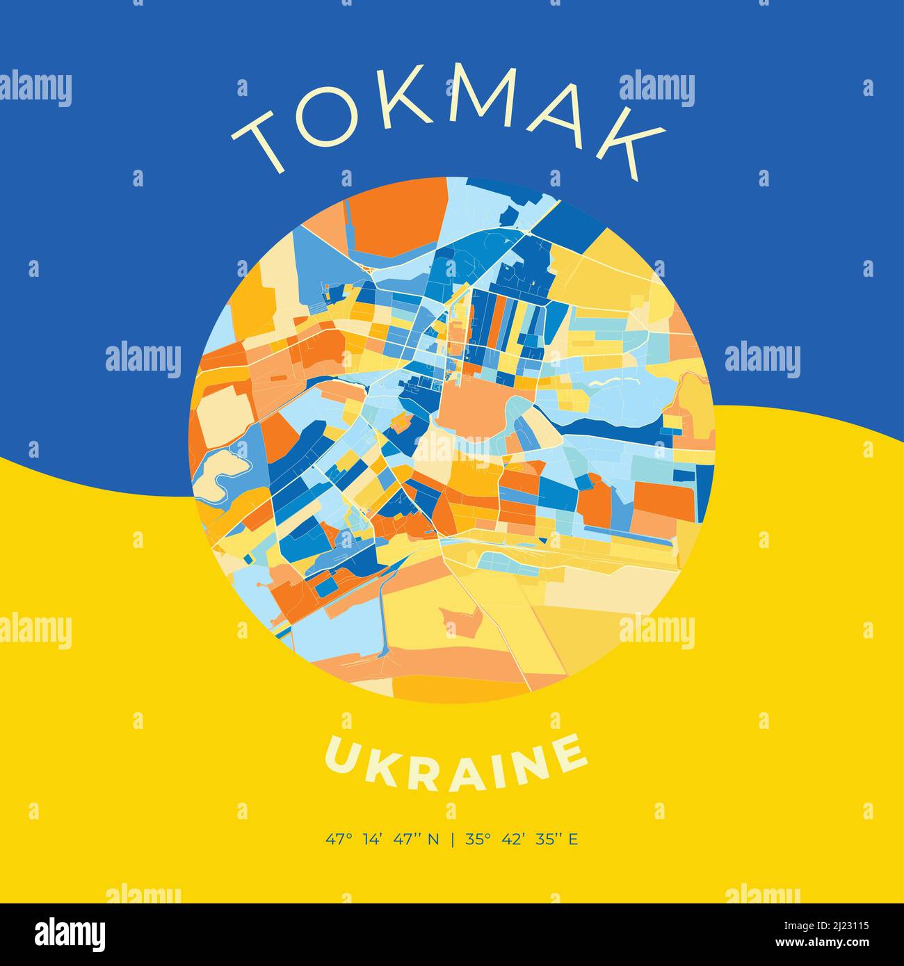 Vector map print template of Tokmak, Zaporizhia Oblast, Ukraine with bright blue, green and yellow colors. The various shades follow a radom principle Stock Vector