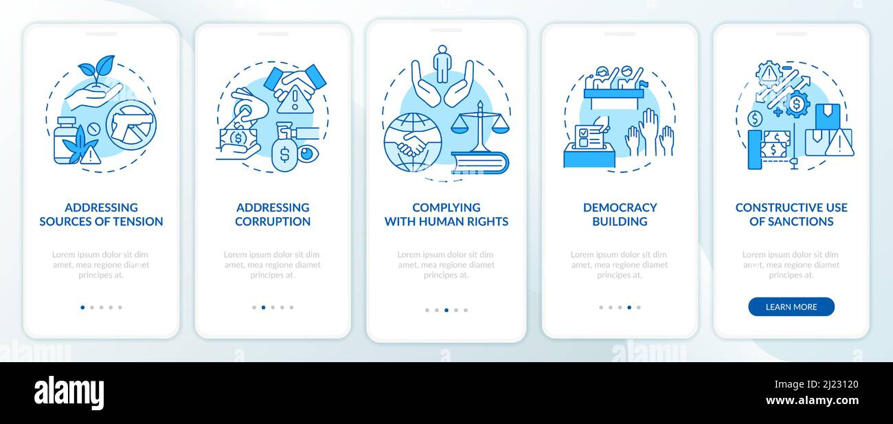 Preventing armed hostilities blue onboarding mobile app screen Stock ...