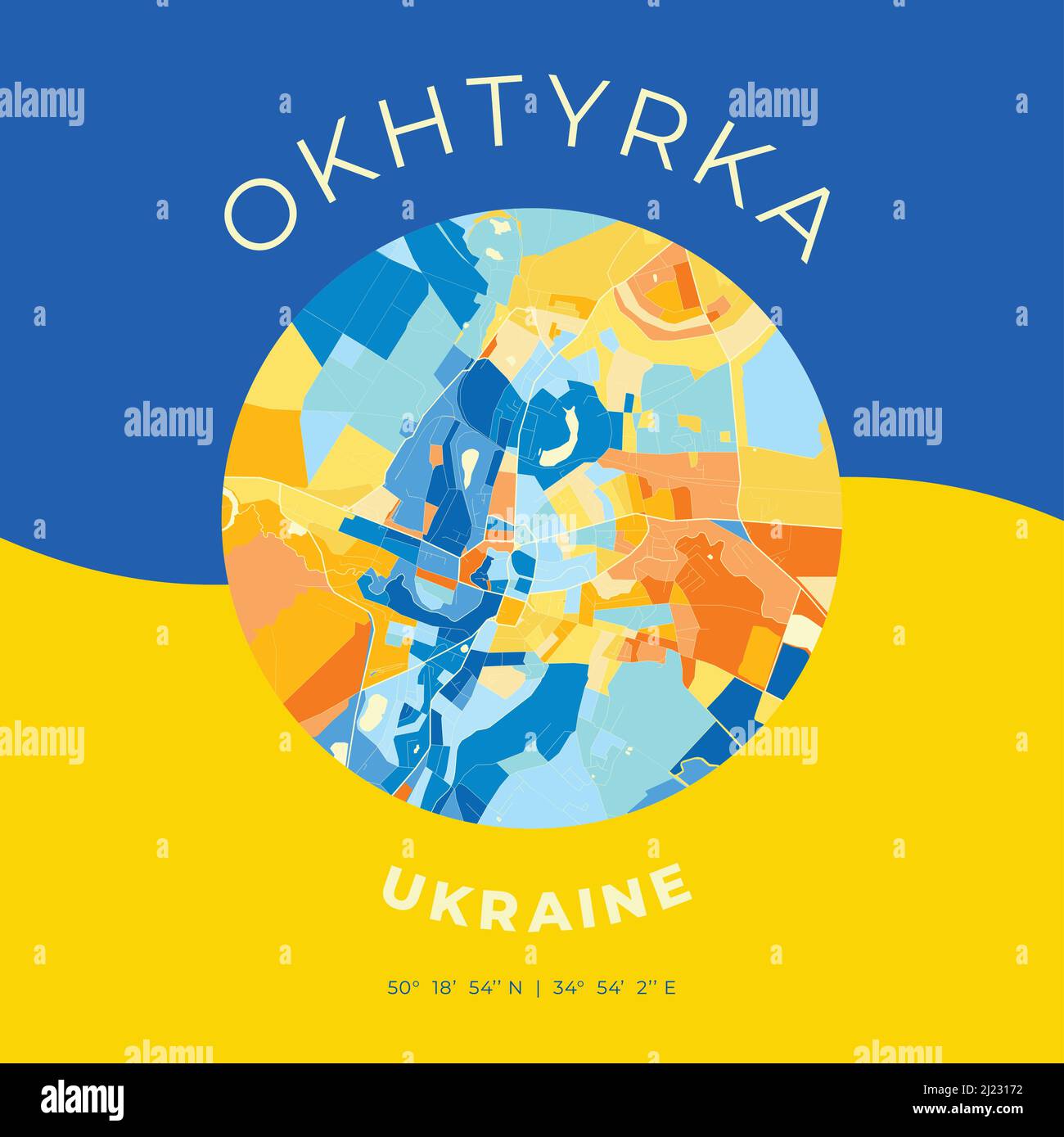 Vector map print template of Okhtyrka, Sumy Oblast, Ukraine with bright blue, green and yellow colors. The various shades follow a radom principle. Ar Stock Vector