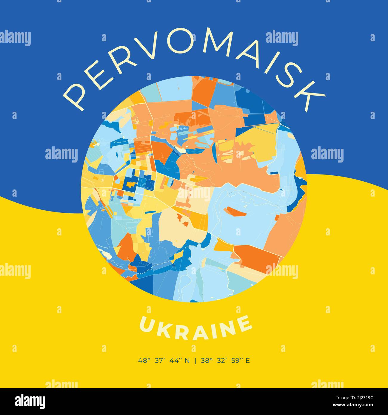 Vector map print template of Pervomaisk, Luhansk Oblast, Ukraine with bright blue, green and yellow colors. The various shades follow a radom principl Stock Vector