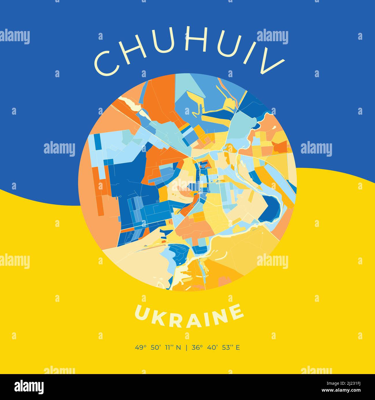 Vector map print template of Chuhuiv, Kharkiv Oblast, Ukraine with bright blue, green and yellow colors. The various shades follow a radom principle. Stock Vector