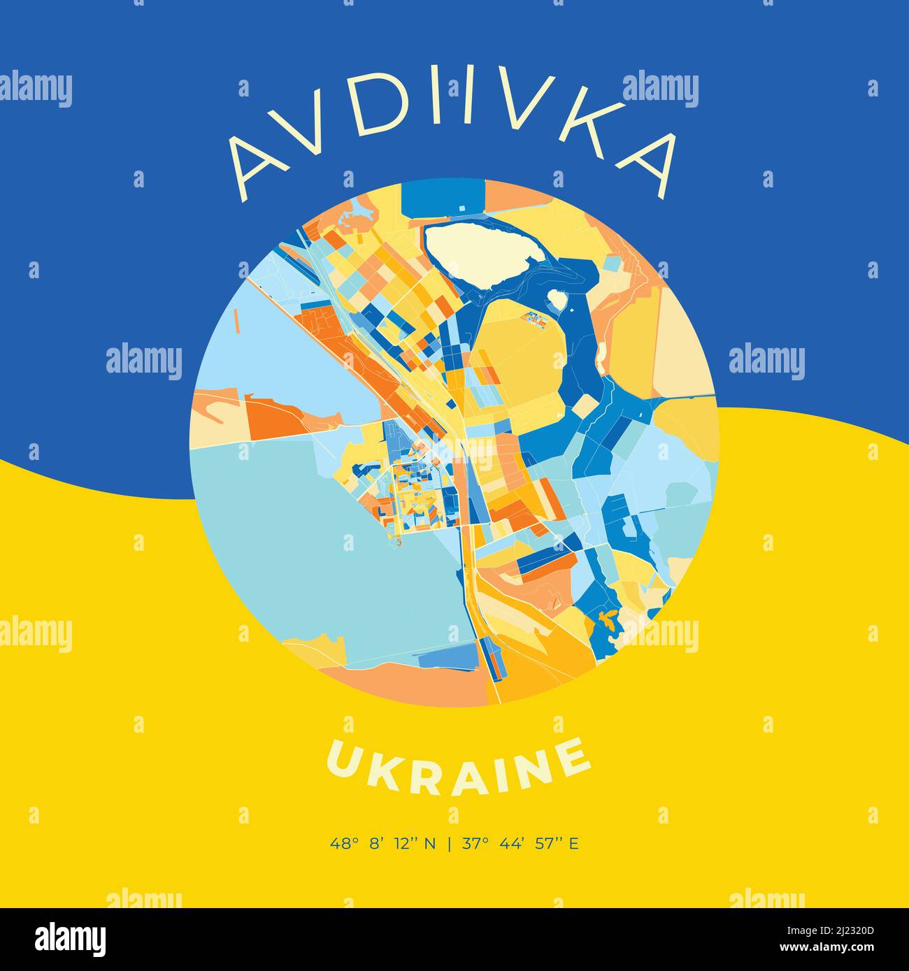 Vector map print template of Avdiivka, Donetsk Oblast, Ukraine with bright blue, green and yellow colors. The various shades follow a radom principle. Stock Vector