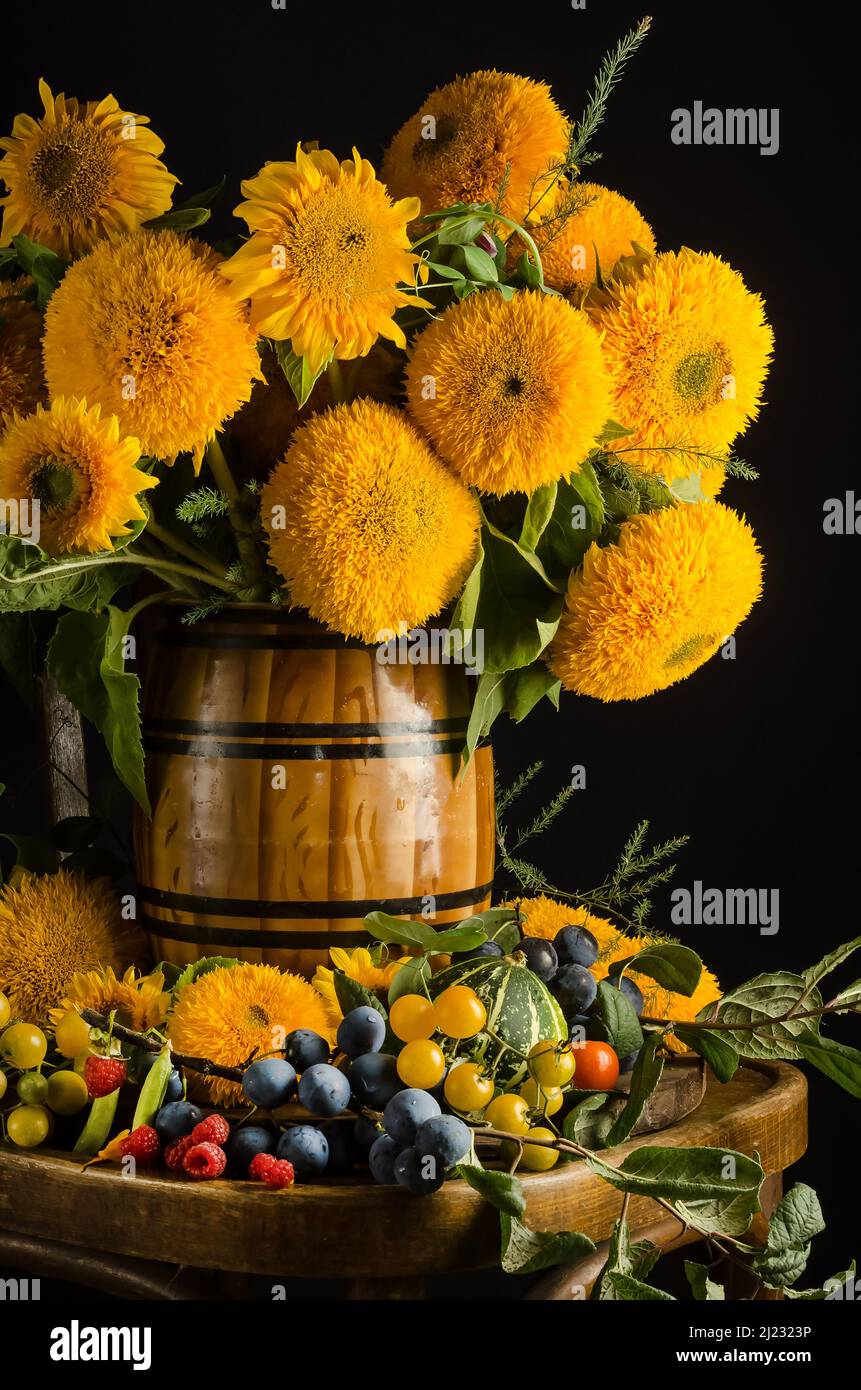 Still life of beautiful decorative sunflowers in a vase on a chair on a ...
