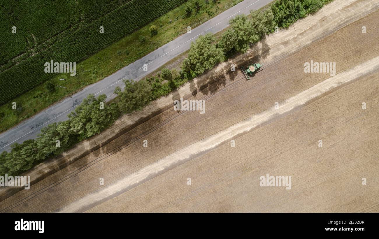 Aerial view combine harvester harvesting on the field Stock Photo - Alamy