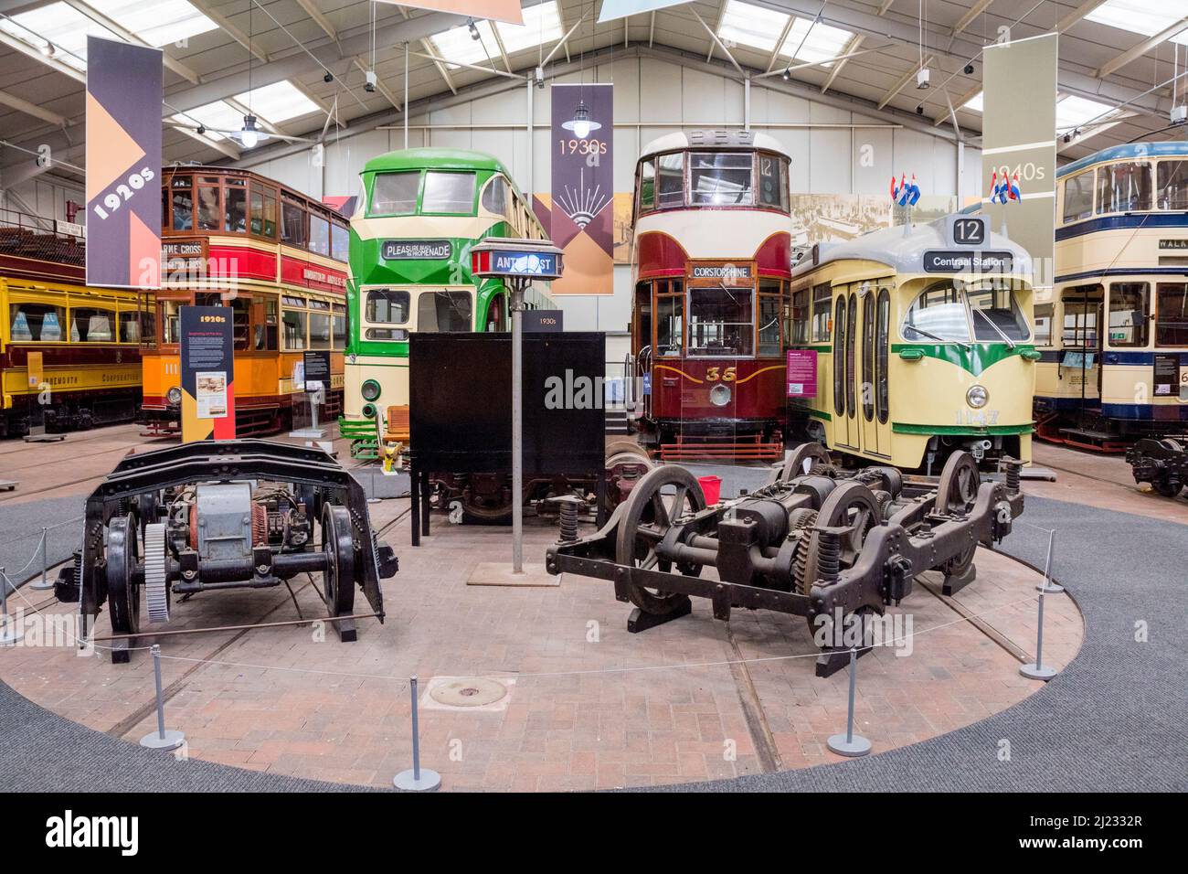 Derbyshire, UK – 5 April 2018: Beautifully restored vintage trams and part on display at Crich Tramway Village, the national tram museum Stock Photo