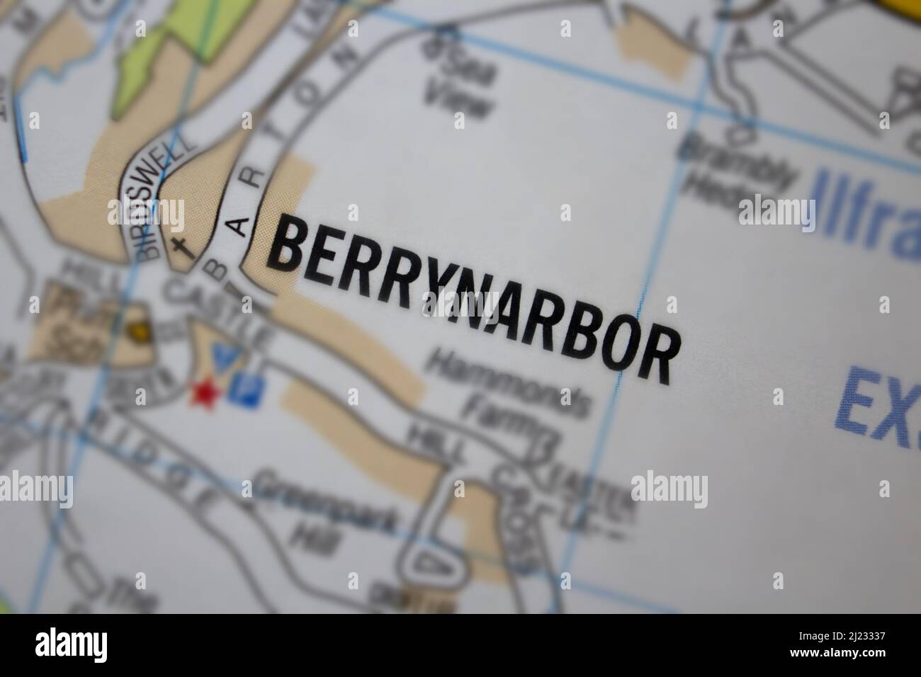 Berrynarbor village - Devon, United Kingdom colour atlas map town name Stock Photo