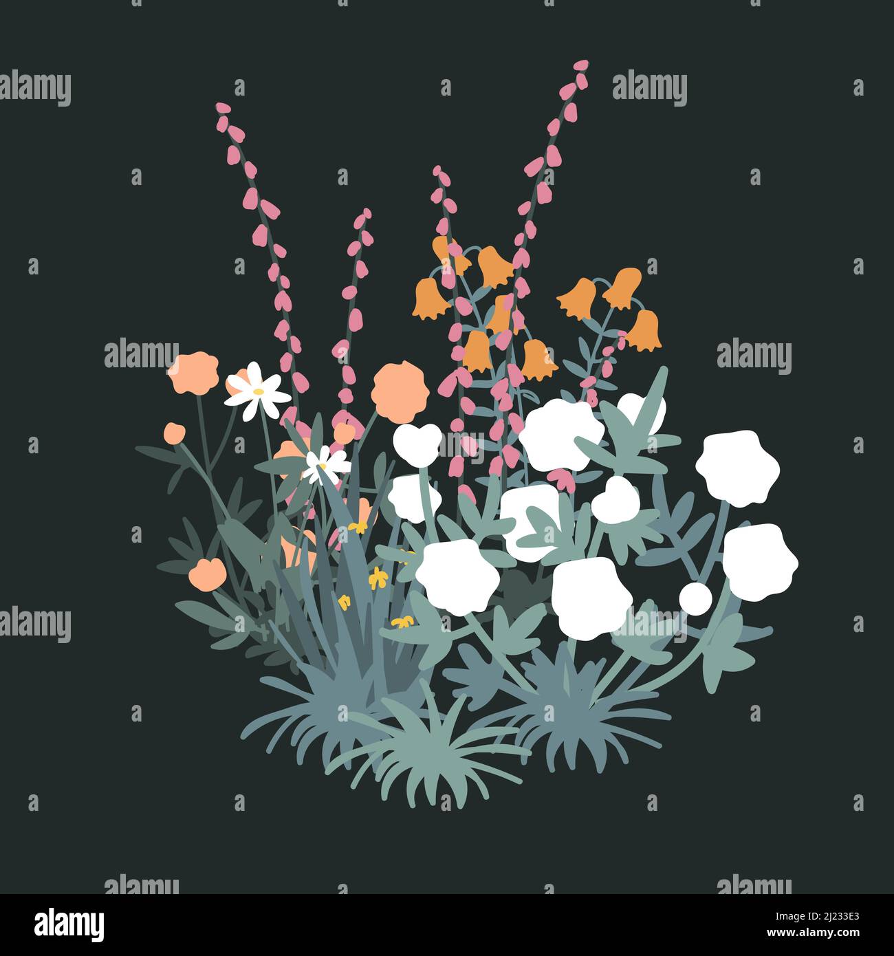 Spring garden flowers isolated set. Garden flowerbed and green grass pack on white background. Wildflower spring and summer in the garden. Vector Stock Vector