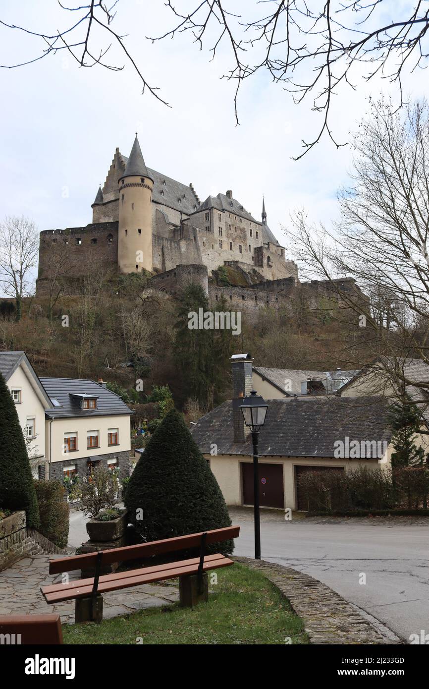 VIANDEN, LUXEMBOURG, 2 MARCH 2022: View of historic Vianden village and hill top castle in Luxembourg. Vianden is a very popular tourist destination i Stock Photo