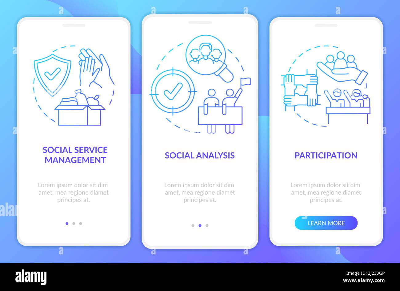 Social planning organizes blue gradient onboarding mobile app screen Stock Vector