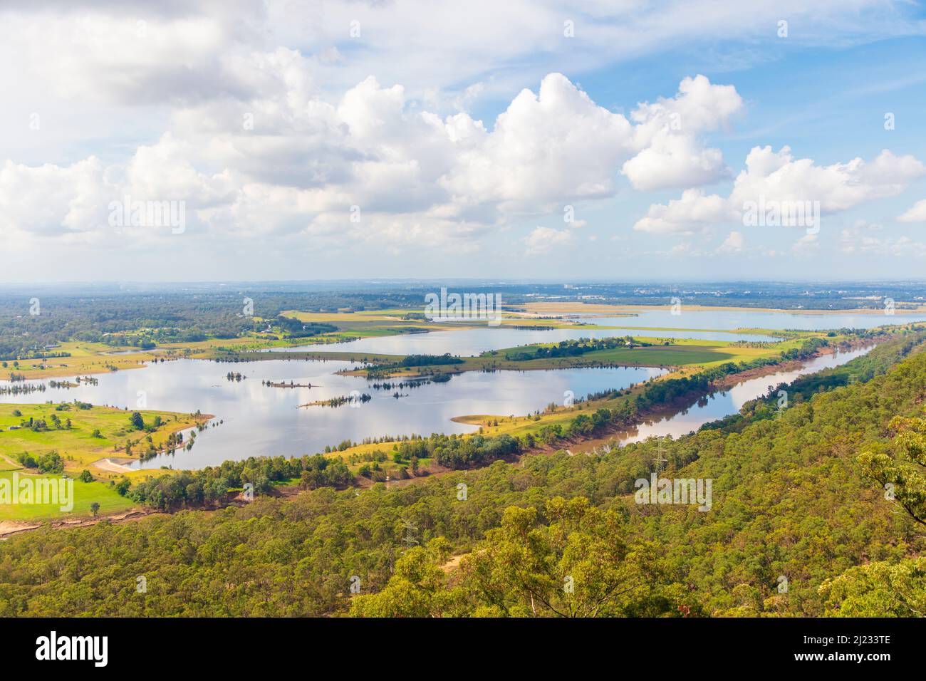 Photograph of the Nepean River and the water dams on the Cumberland Plain in the Blue Mountains in New South Wales in Australia. Stock Photo