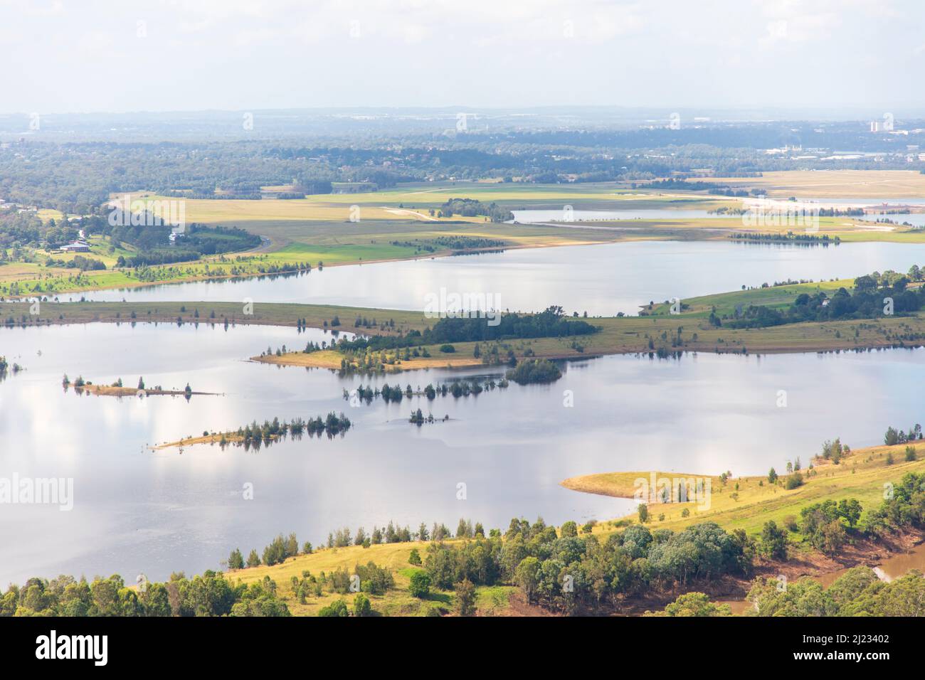 Photograph of the Nepean River and the water dams on the Cumberland Plain in the Blue Mountains in New South Wales in Australia. Stock Photo