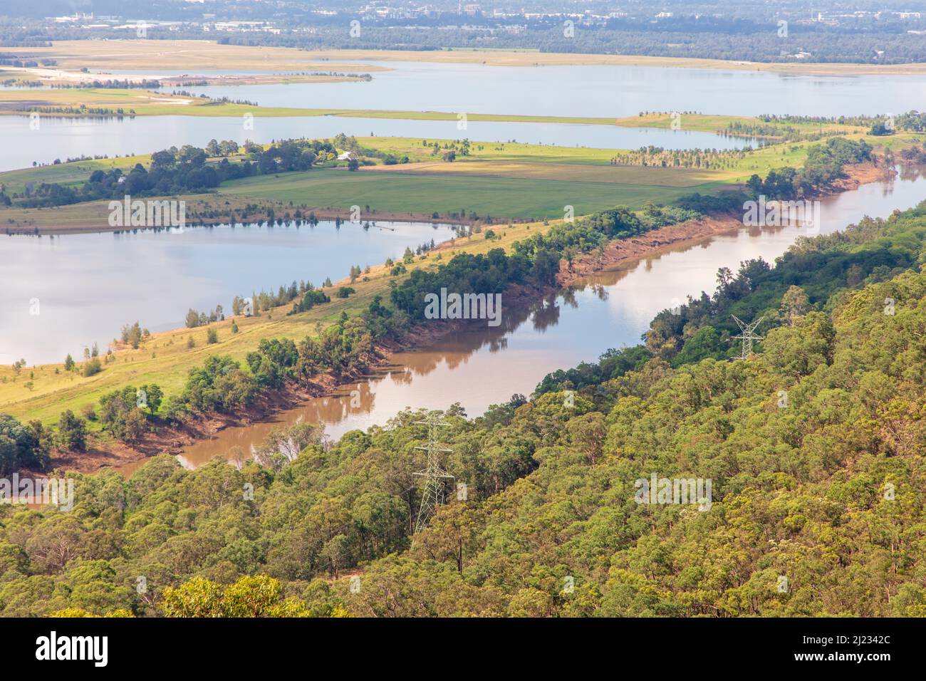 Photograph of the Nepean River and the water dams on the Cumberland Plain in the Blue Mountains in New South Wales in Australia. Stock Photo