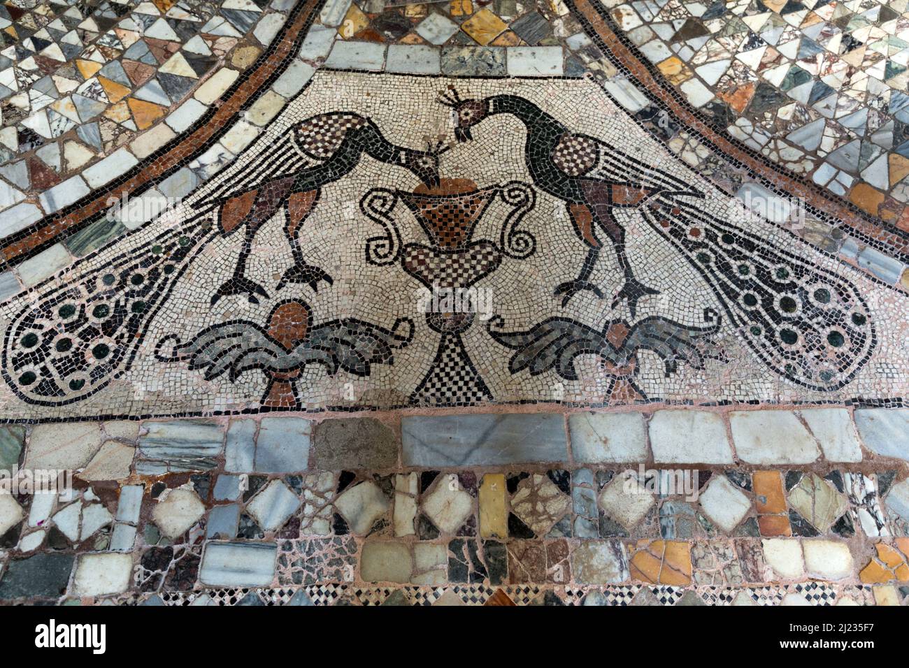 Italy,Venice,Murano, Basilica dei Santi Maria e Donato circa 1140, mosaic tile artwork depicting peacocks inlaid in the floor Stock Photo