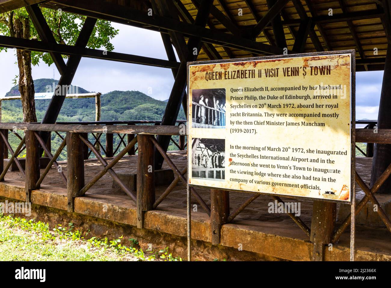 Mahe, Seychelles, 3.05.2021. Venn's Town - Mission Lodge viewing platform with tourist information board about Queen Elizabeth II visit in 1972. Stock Photo