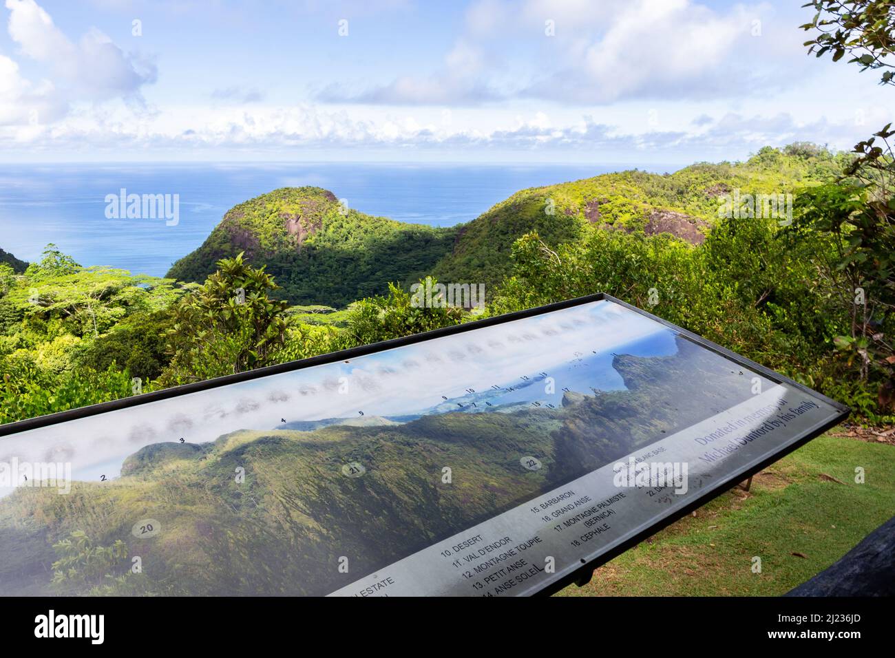 Mahe, Seychelles, 3.05.2021. View from Venn's Town - Mission Lodge viewing platform with panoramic map of Morne Seychellois National Park. Stock Photo