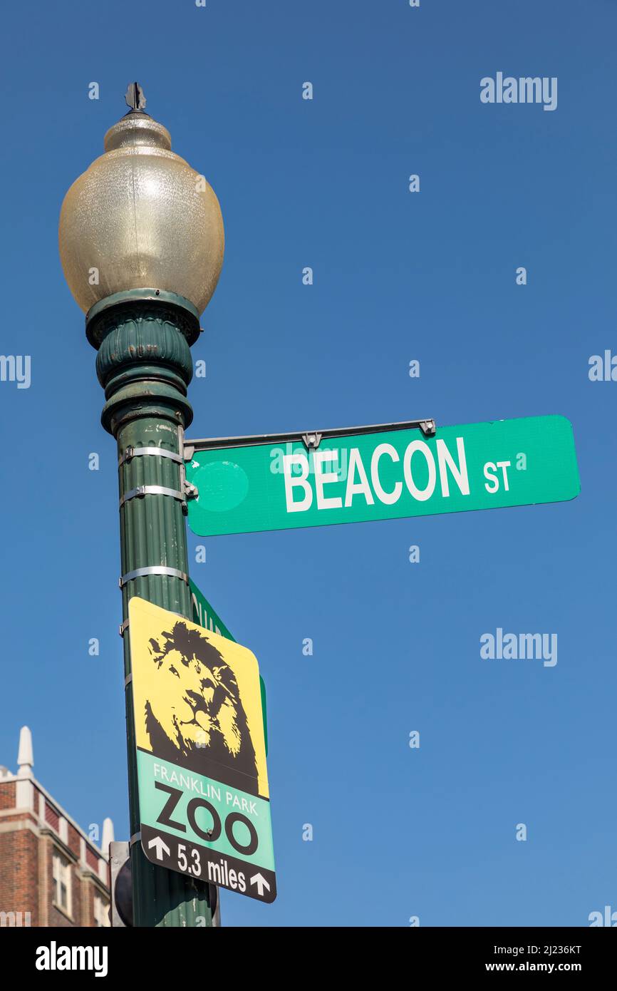 Boston, USA - September 12, 2017: street sign Beacon street and zoo in ...