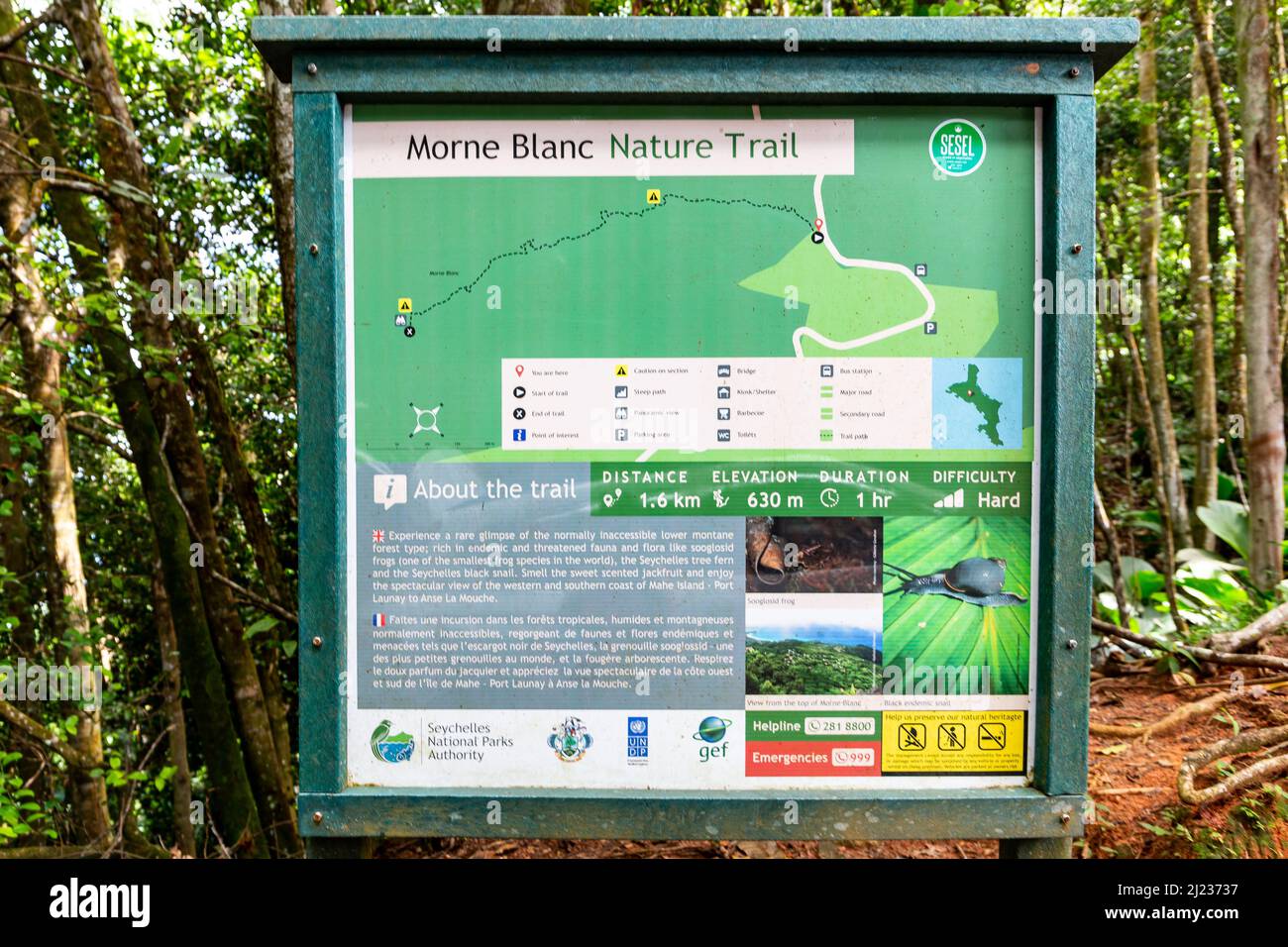 Mahe, Seychelles, 3.05.2021. Morne Blanc Nature Trail tourist information board at the starting point of a trail in Morne Seychelles National Park. Stock Photo