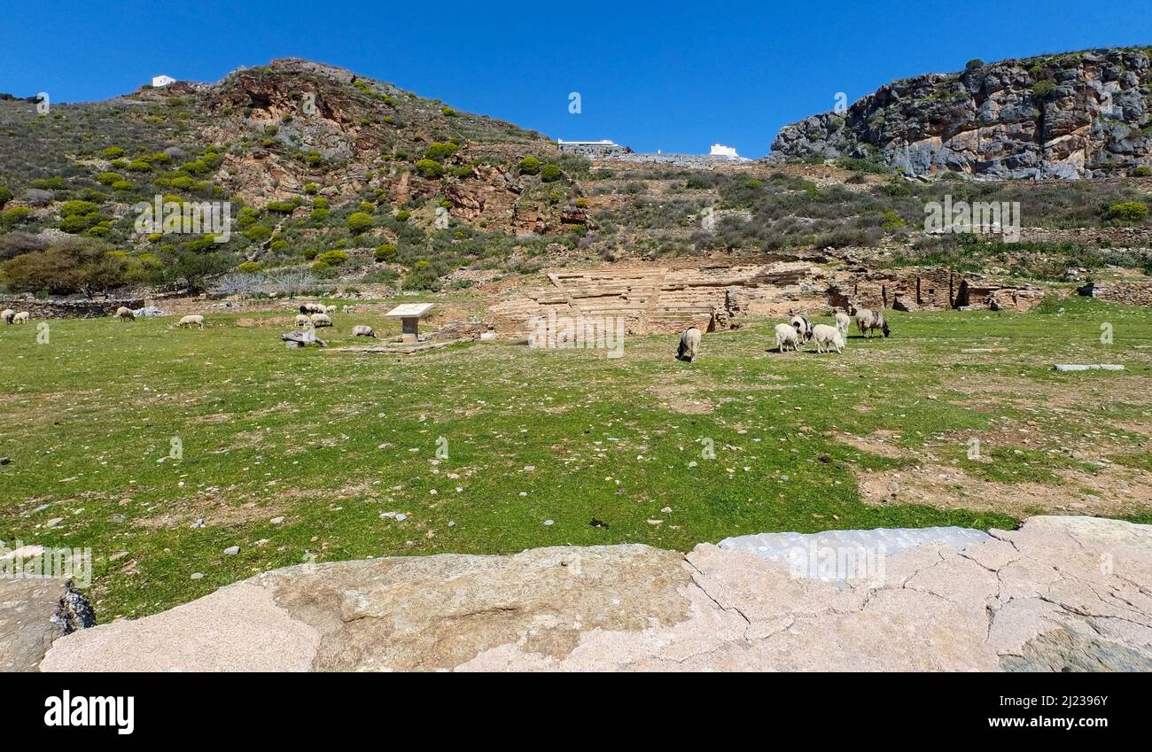 Ancient Carthaea, the ancient theater and remains of an city that flourished in the 6th and 5th c. BC in the island of Kea (or Tzia), in the Cyclades Stock Photo