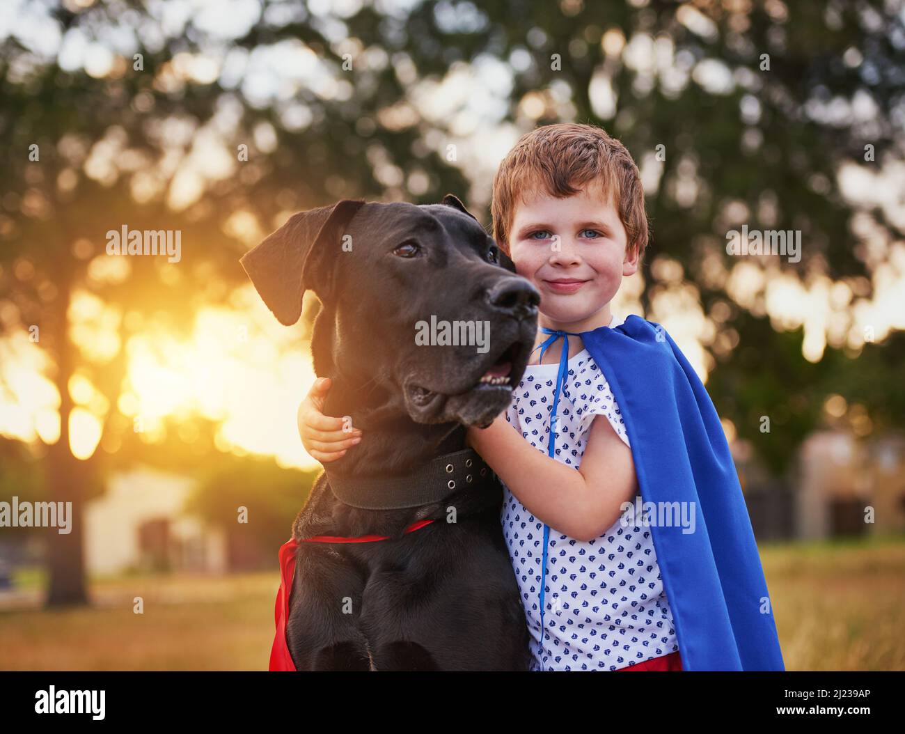 Real heroes never stand alone. Shot of a little boy and his dog wearing capes while playing outside. Stock Photo