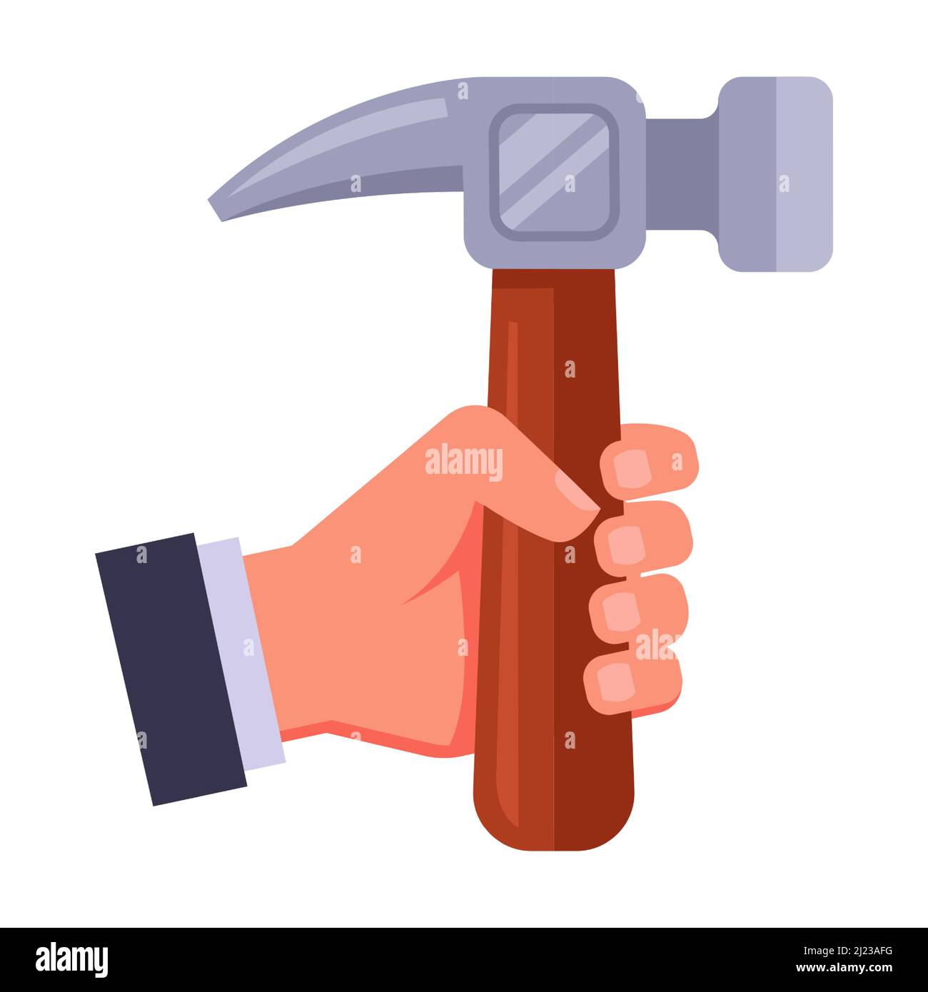 man holds a hammer in his hand. household tool. flat vector illustration. Stock Vector