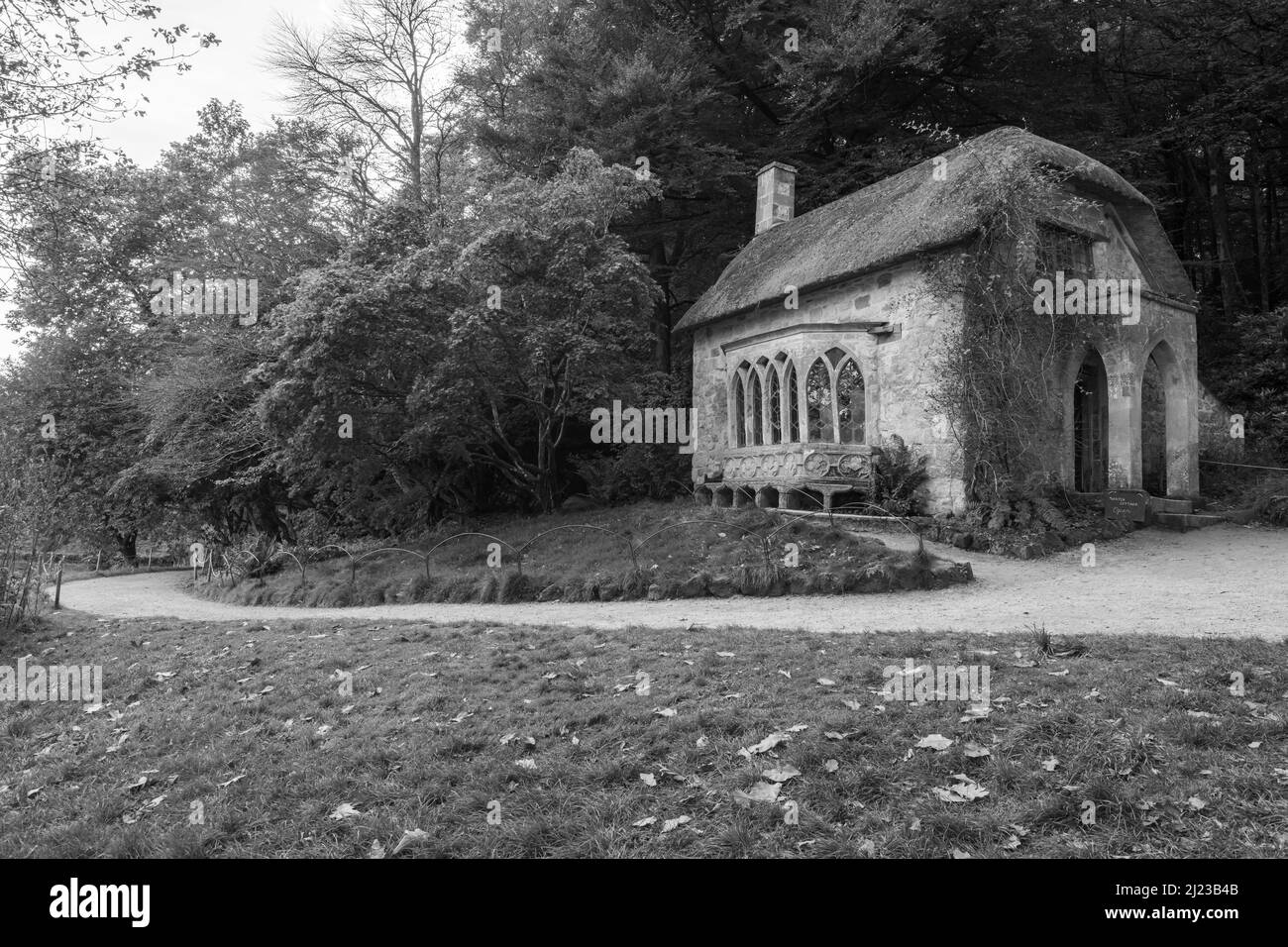 View of the Gothic cottage at Stourhead House and Gardens in Wiltshire Stock Photo