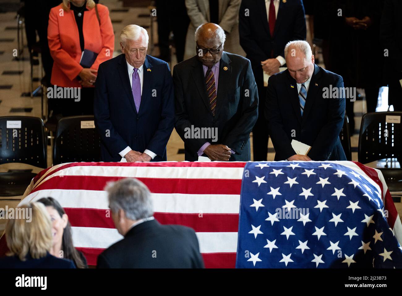 Washington, USA. 29th Mar, 2022. UNITED STATES - MARCH 29: From left, House Majority Leader Steny Hoyer, D-Md., House Majority Whip Jim Clyburn, D-S.C., and House Minority Whip Steve Scalise, R-La., pay their respects to Rep. Don Young, R-Alaska, at the casket as he lies in state in National Statuary Hall in the U.S. Capitol on Tuesday, March 29, 2022. (Photo by Bill Clark/Pool/Sipa USA) Credit: Sipa USA/Alamy Live News Stock Photo