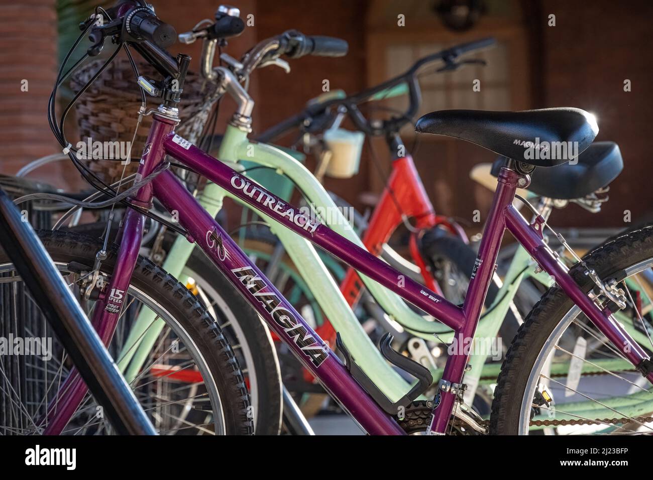 Beach cruiser bikes at Flagler College campus in historic downtown St. Augustine, Florida. (USA) Stock Photo