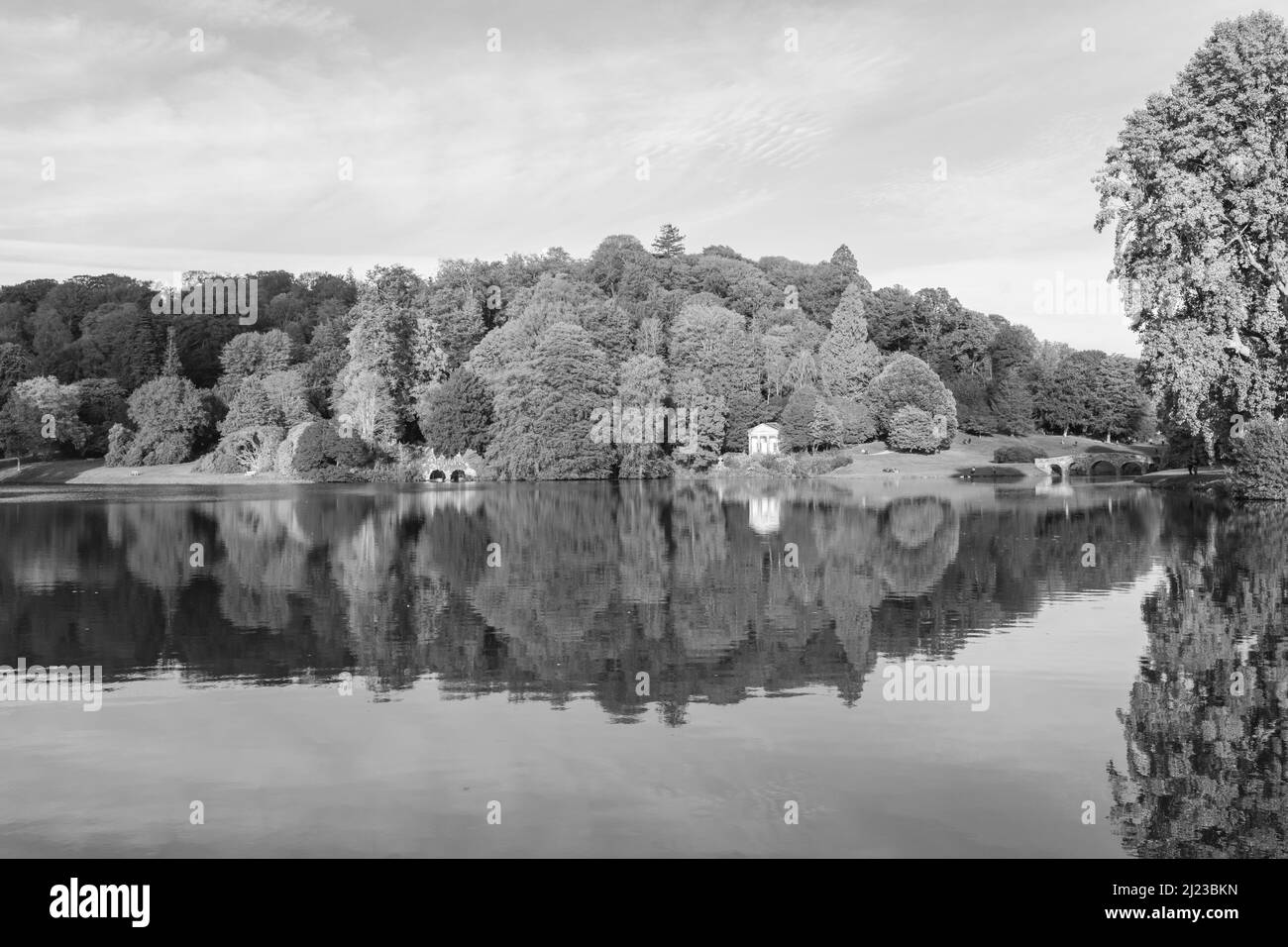 Black and white photo of the lake at Stourhead house and gardens in Wiltshire Stock Photo