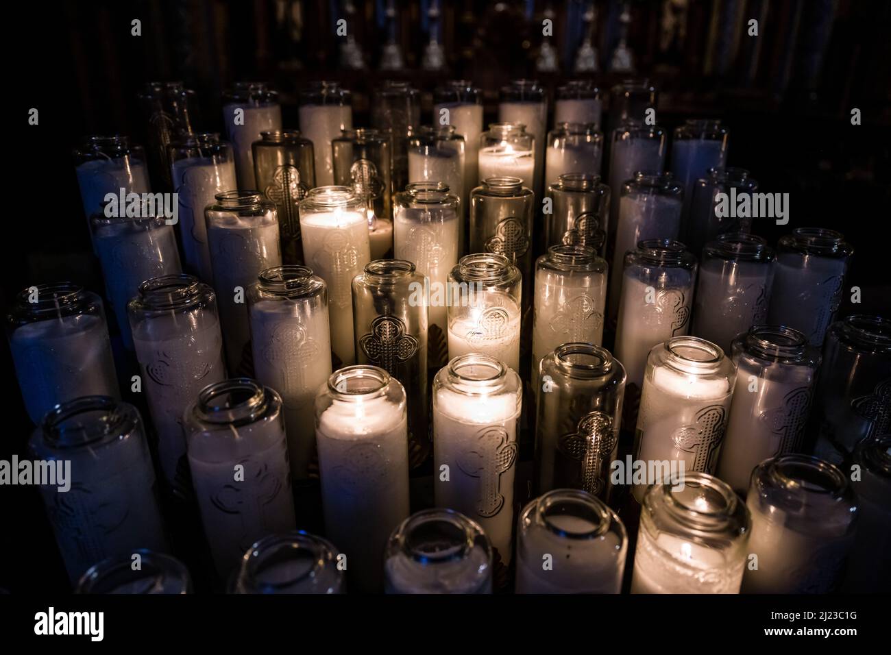 White candles in glass candle holders, Montreal NotreDame Basilica