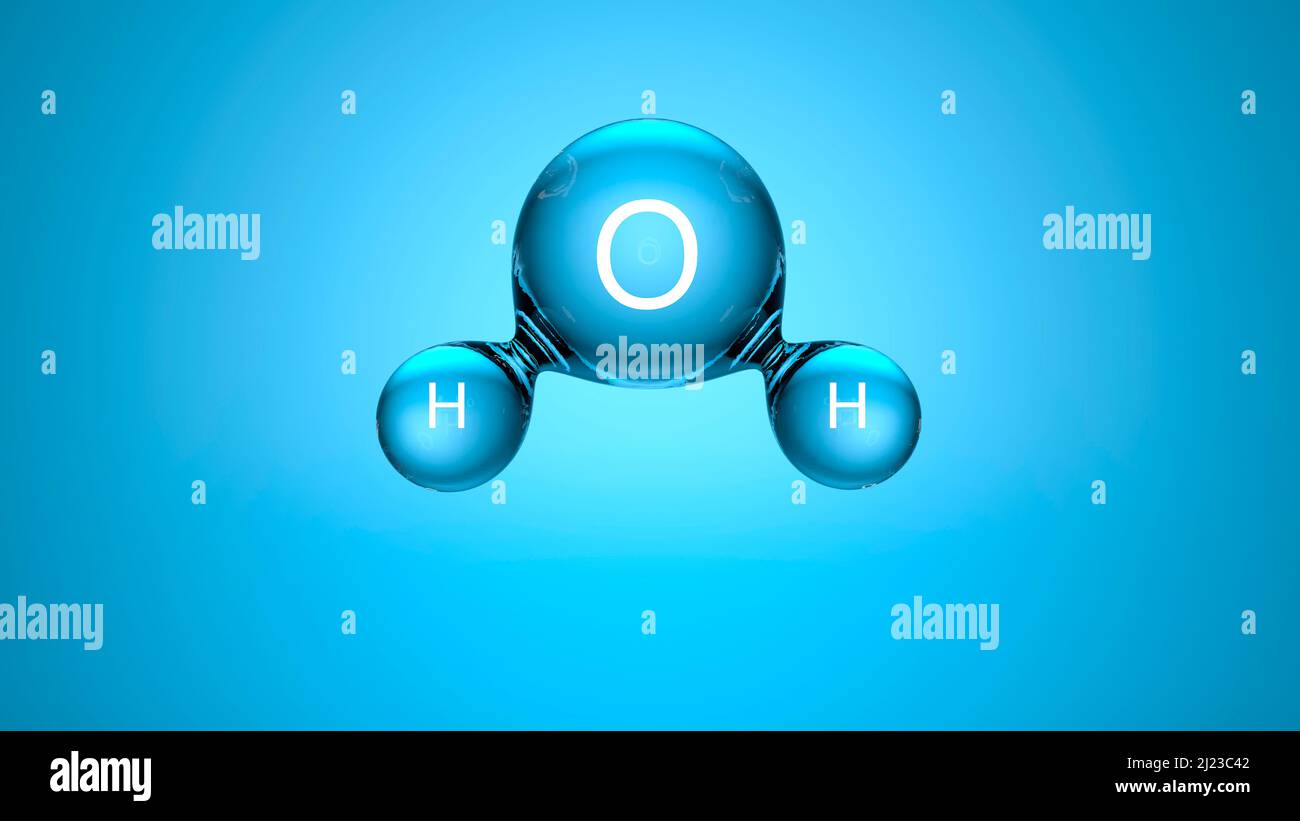 3d chemical formula of water. H2O water molecule on a blue clean background. Science, chemistry, biology, education concept. High quality 3d illustration Stock Photo
