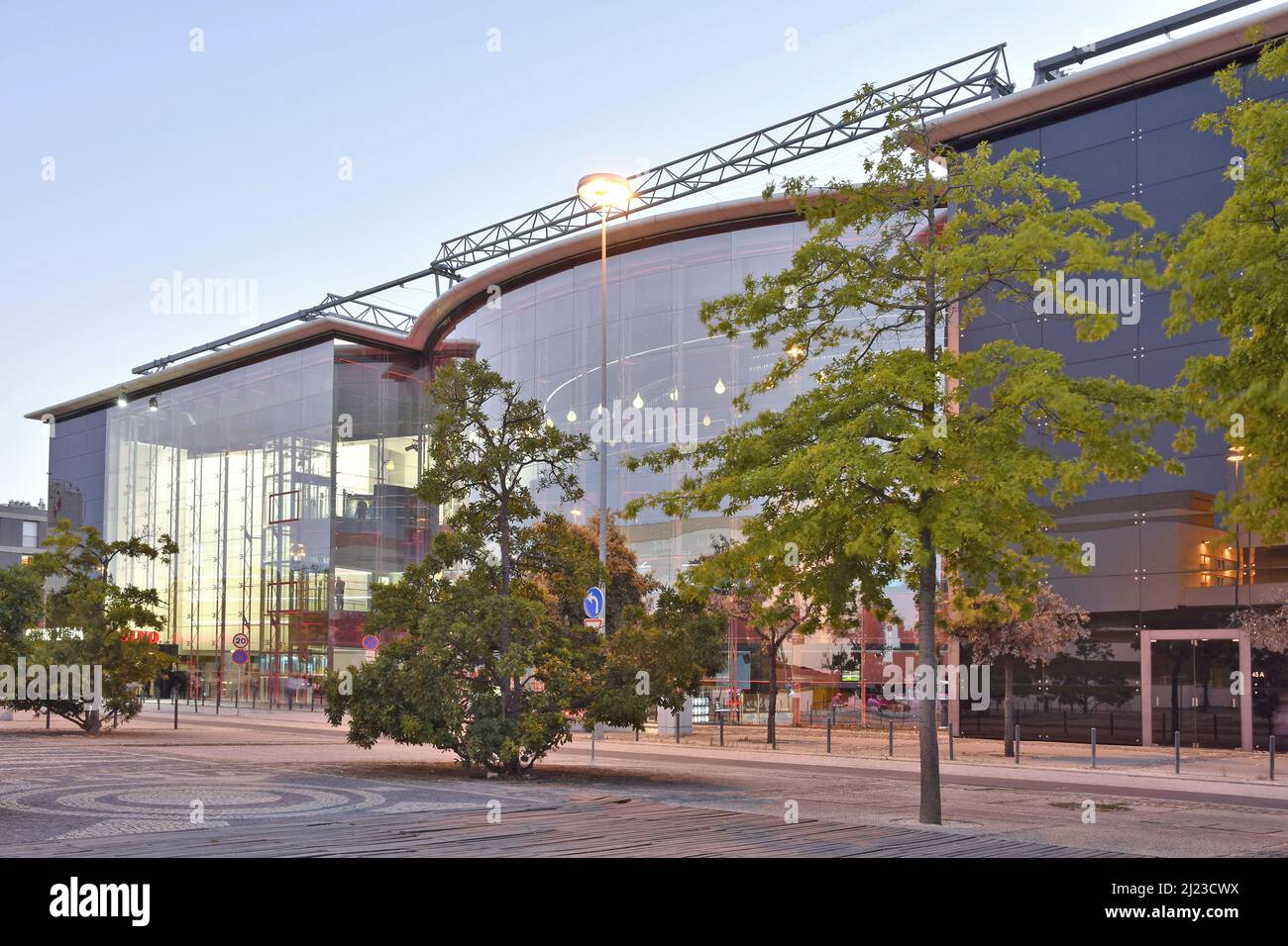 Casino de Lisboa, modern glass building at dusk, located in Parque das Nacoes district of Lisbon Portugal. Stock Photo