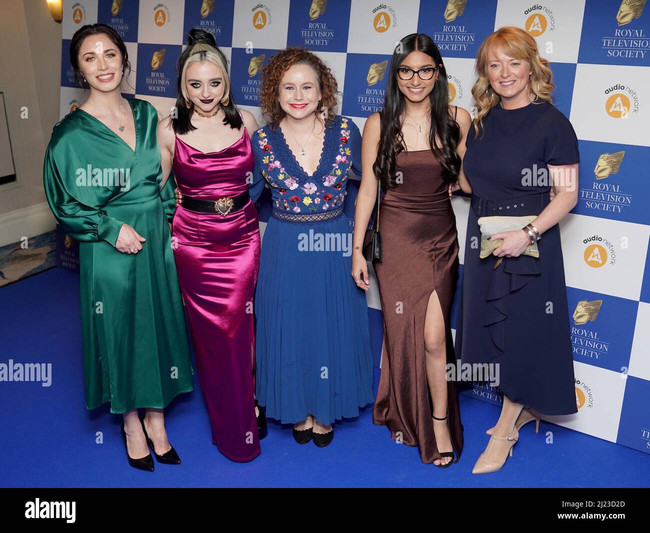 (left to right) Julia Goulding, Mollie Gallagher, Dolly-Rose Campbell, Tanisha Gorey and Sally Ann Matthews attending the Royal Television Society Programme Awards 2022, held at The Grosvenor House Hotel in London. Picture date: Tuesday March 29, 2022. Stock Photo