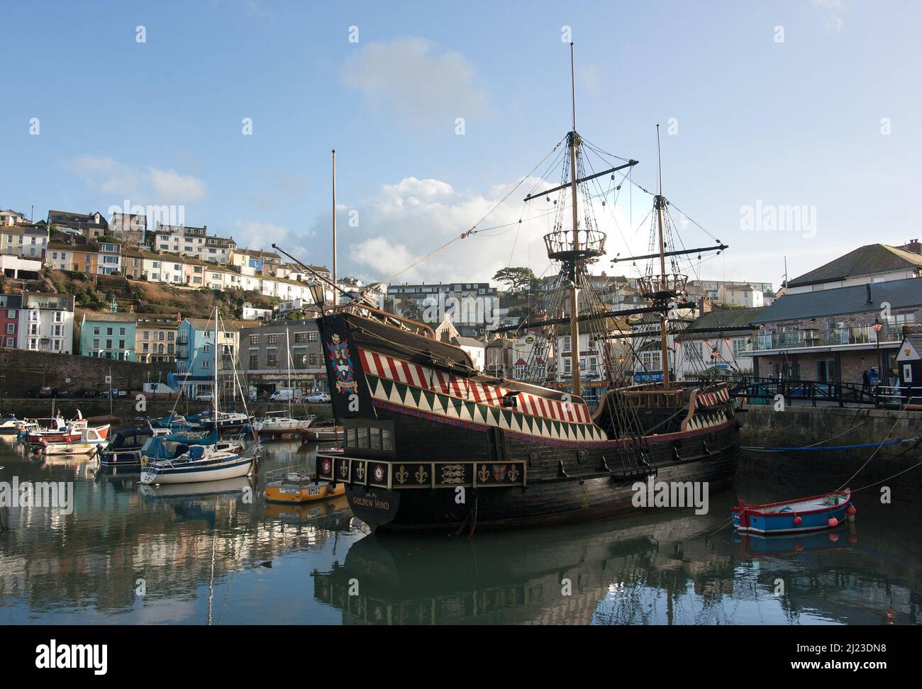 A replica of  Sir Francis Drake's ship 'Golden Hind' moored in Brixham Harbour, Devon Stock Photo