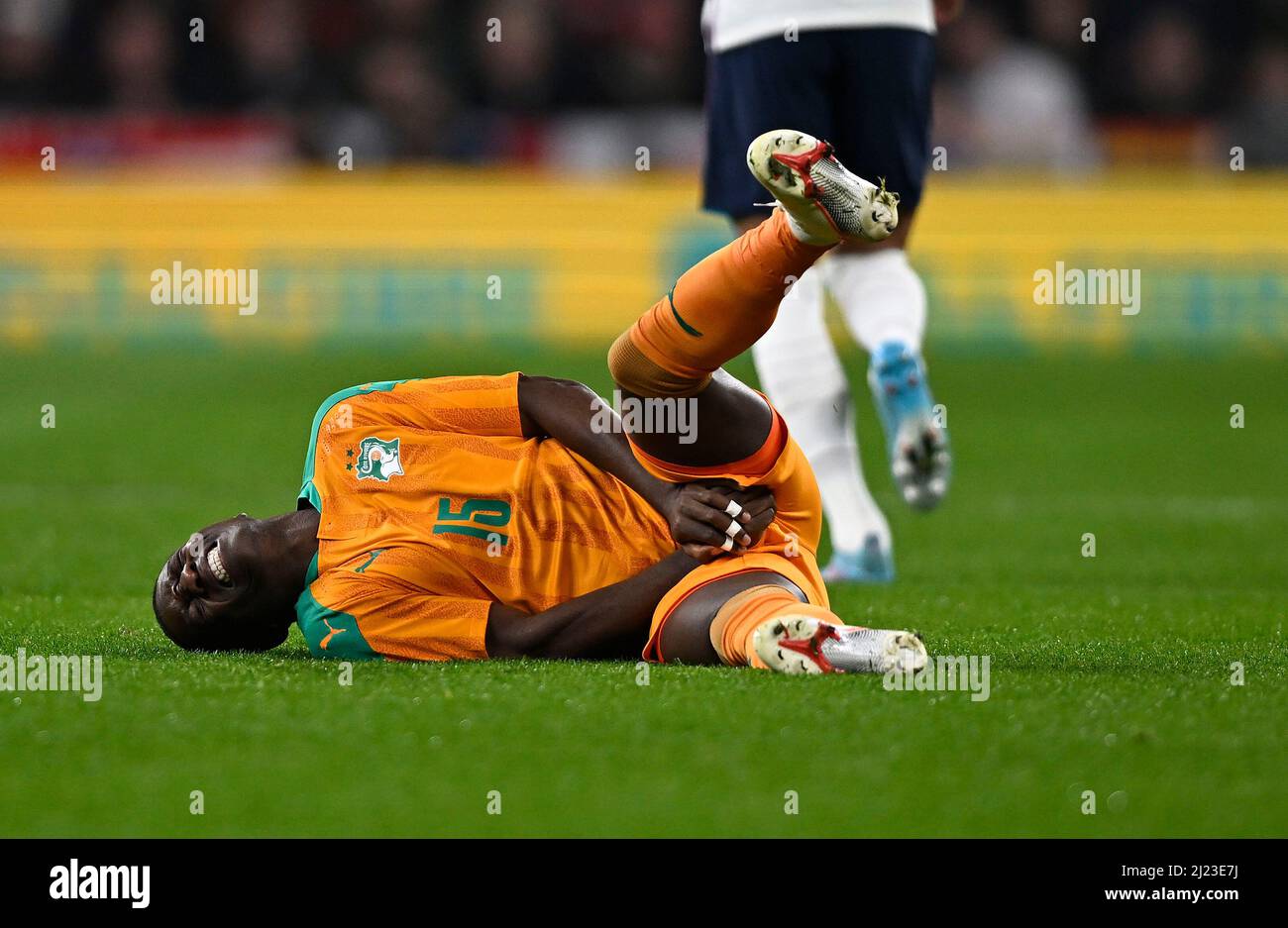 London, UK. 29th Mar, 2022. Max Gradel (Ivory Coast) is hurt, OUCH, during the International Friendly match between England and Ivory Coast at Wembley Stadium on March 29th 2022 in London, England. (Photo by Garry Bowden/phcimages.com) Credit: PHC Images/Alamy Live News Stock Photo