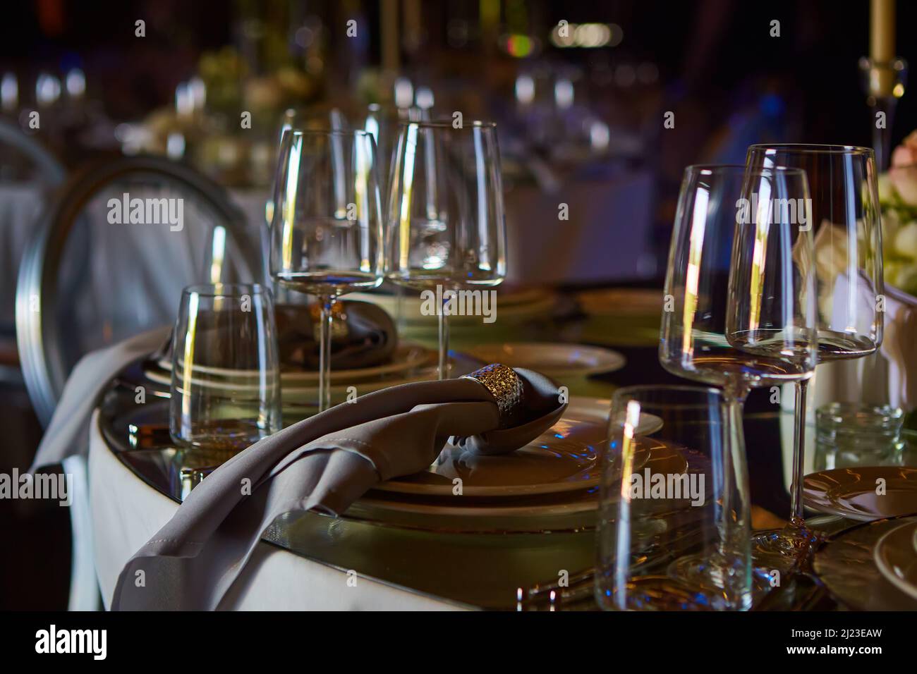 Table set for wedding or another catered event dinner. Stock Photo